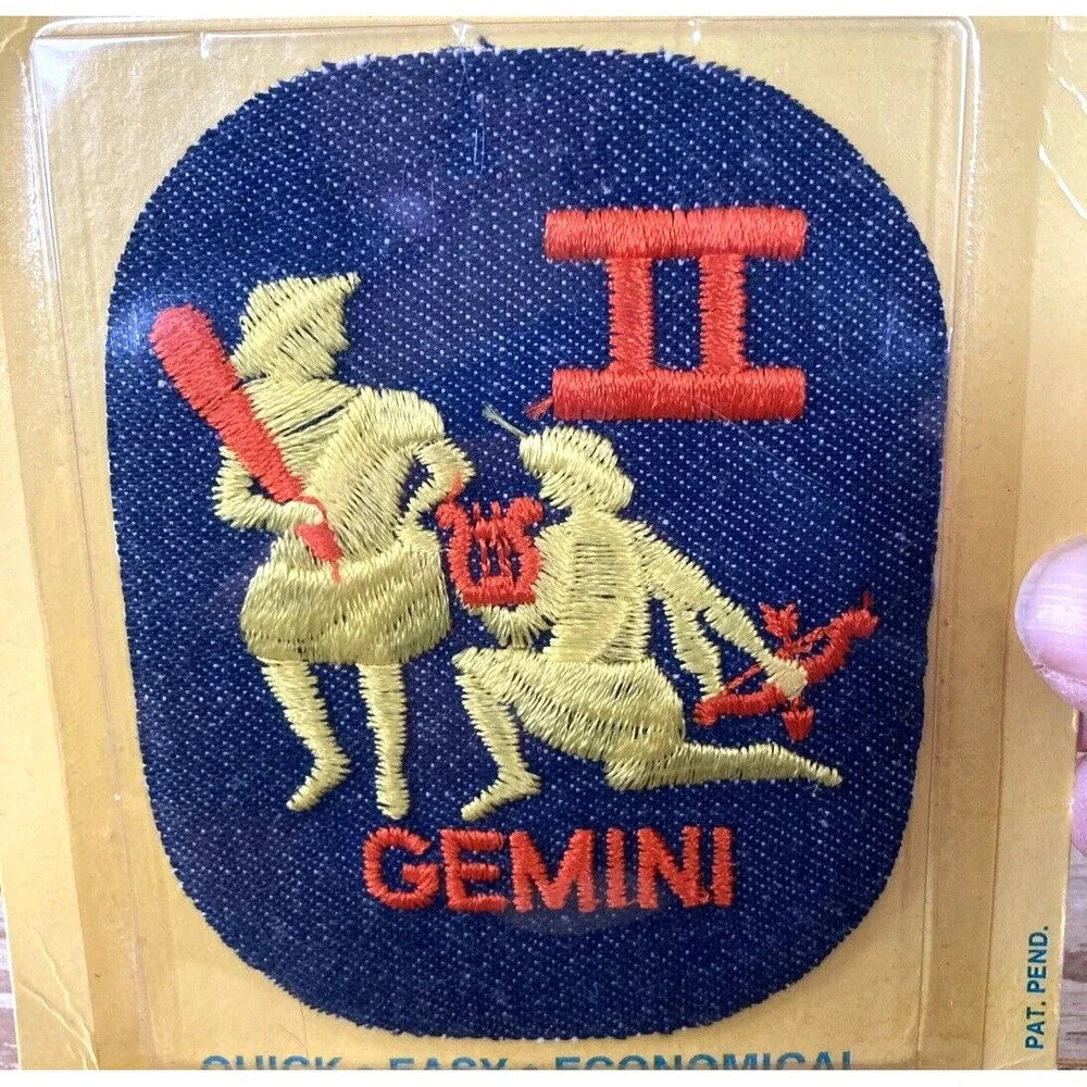 Vintage NOS Joy Patch iron on denim embroidered Gemini patch NIP 1970's